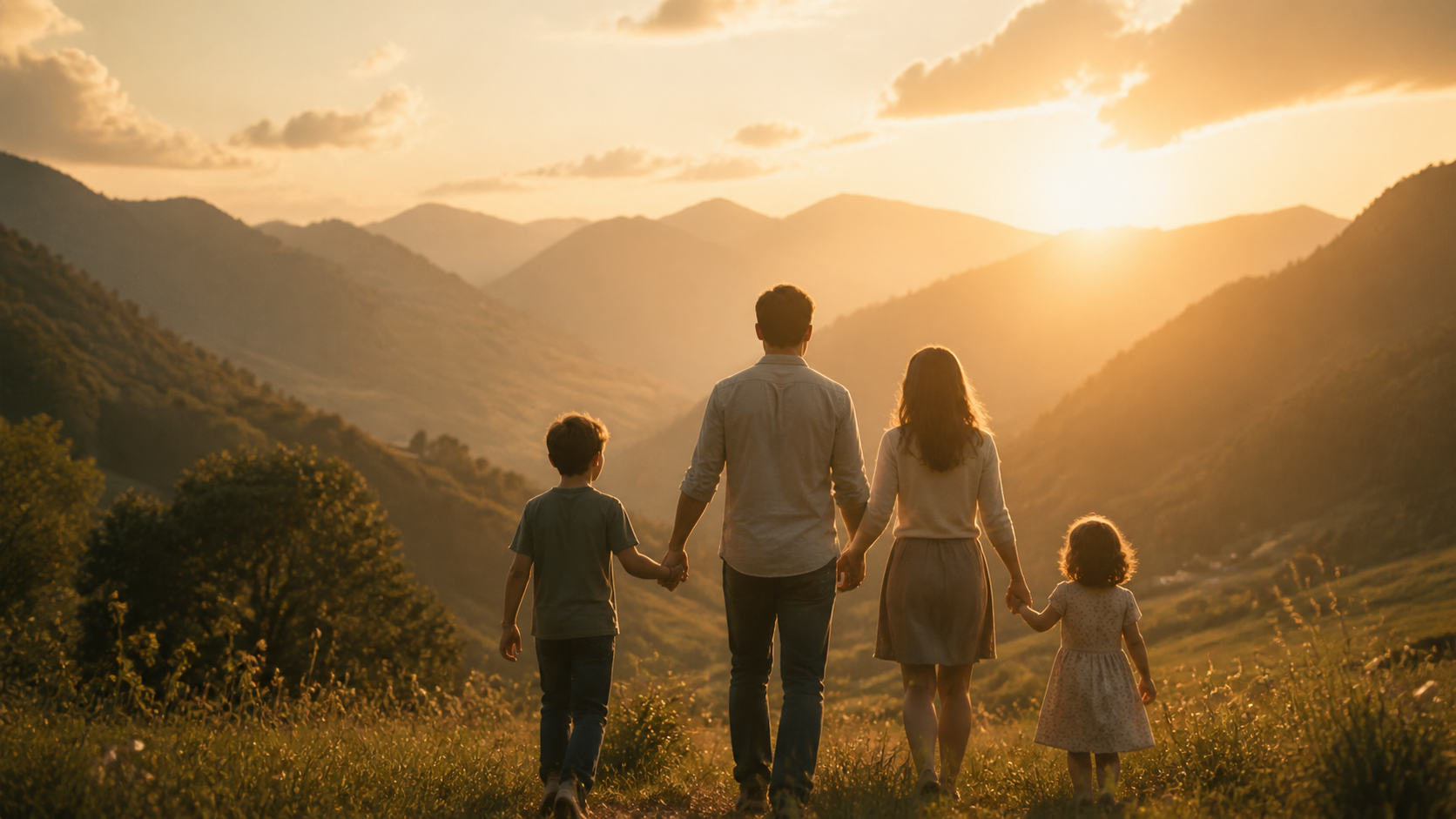 Família caminhando ao pôr do sol